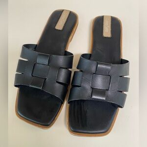 Franco Sarto Mazy Black Leather Woven Square Toe Slide Sandals Size 11